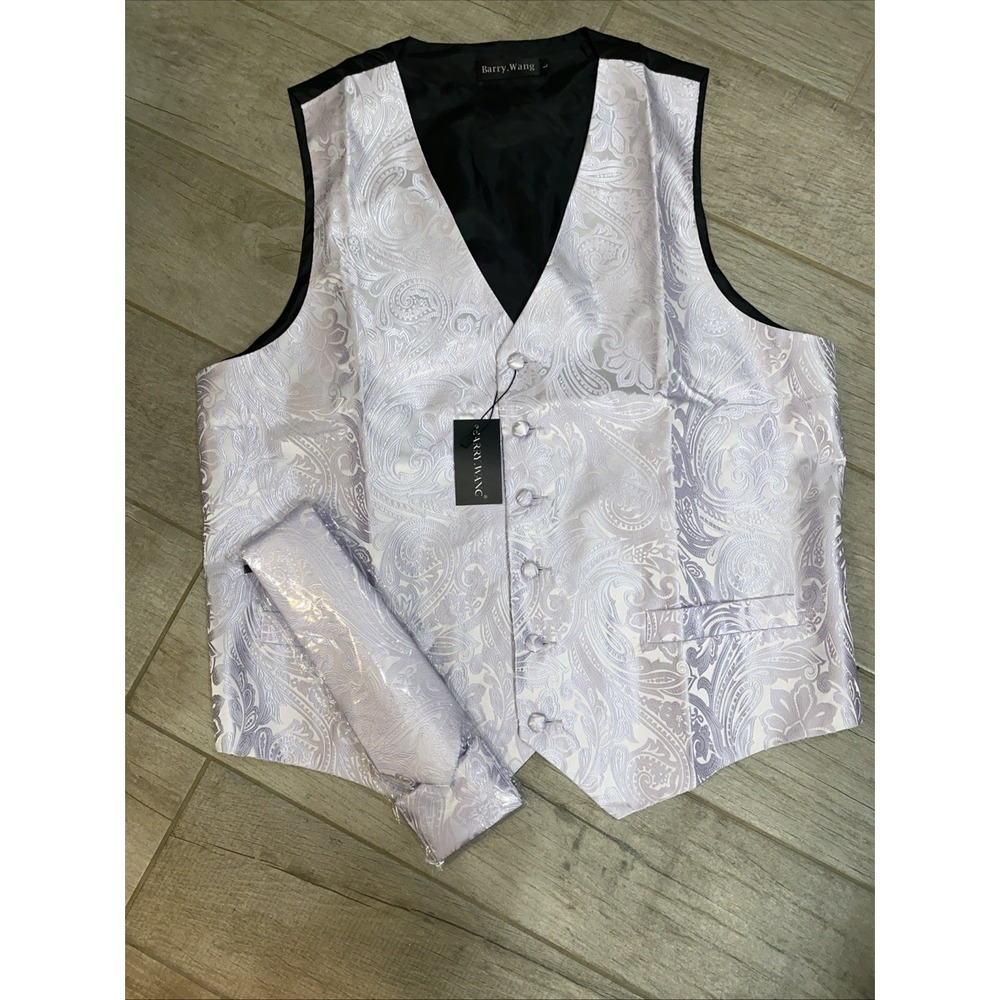 Barry Wang Light Purple Paisley Vest With Tie And Pocket Square Size Large New